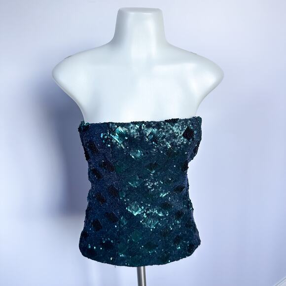 Zara Deep Emerald Green Strapless Sequins Top Shirt Size Small - Picture 3 of 8